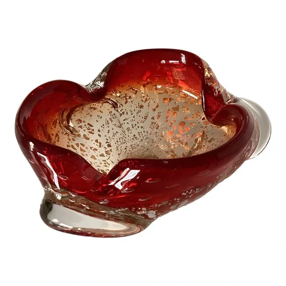 Murano Venetian Art Glass Bowl Hand Blown Red And Gold Flecks Italy MCM Vintage - Picture 11 of 16